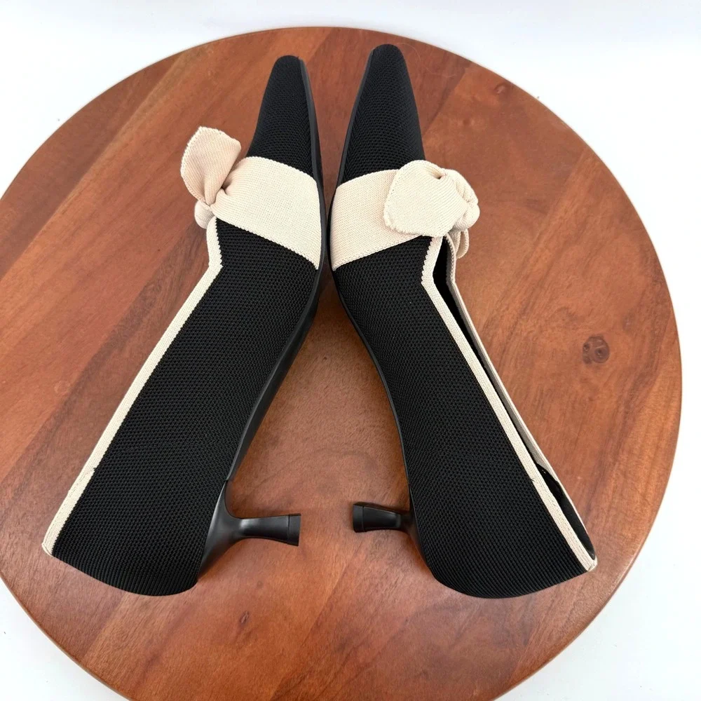 VIVAIA Kitten Heel Pumps Black Cream Bow Pointed Toe Knit Shoes Wmn EU42/US 10.5